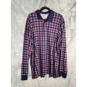 Lands End Mens XL Long Sleeve Polo Shirt Plaid Purple Navy Blue 100% Cotton